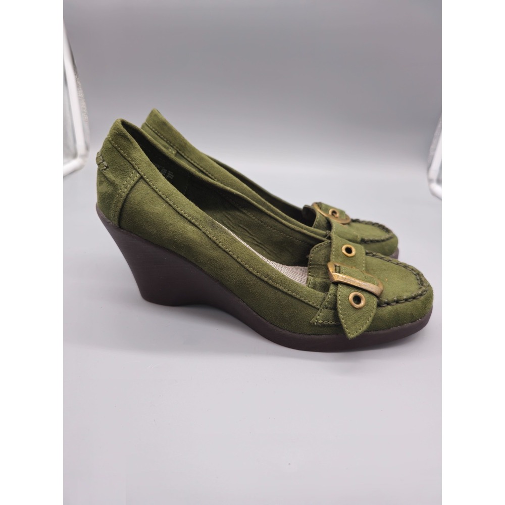 Vtg American Eagle Women's 8.5 Green Platform Wedge Loafer Faux Suede Buckle Y2K